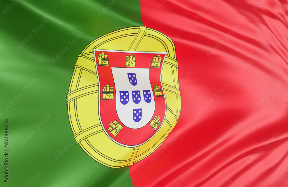 Beautiful Portugal Flag Wave Close Up on banner background with copy space.,3d model and illustration.