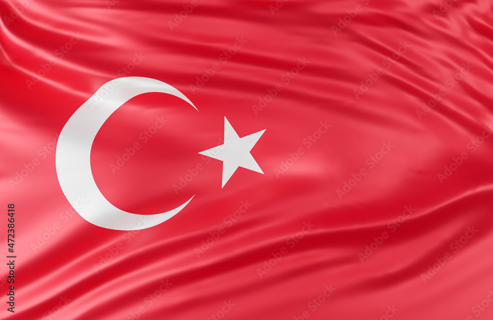Obraz premium Beautiful Turkey Flag Wave Close Up on banner background with copy space.,3d model and illustration.
