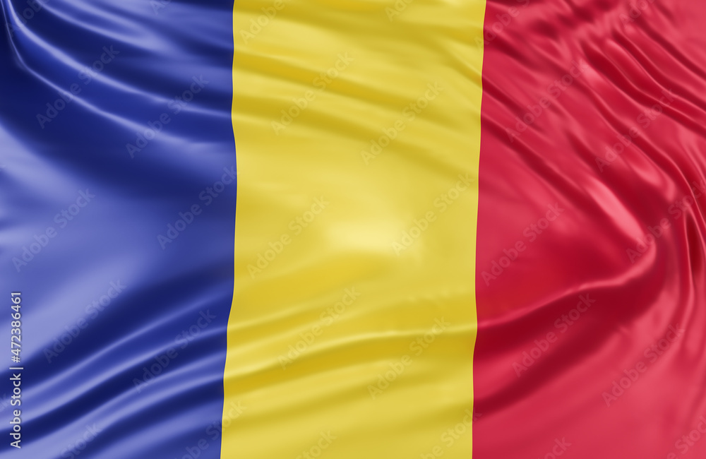 Beautiful Romania Flag Wave Close Up on banner background with copy space.,3d model and illustration.