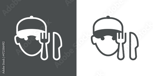 Logotipo empleado restaurante. Banner con cara de chico con gorra de béisbol con cubiertos con líneas en fondo gris y fondo blanco
