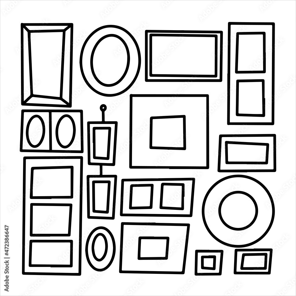 Doodle vector set of photo frames. Hand drawn illustration of a wall with frames of different shapes and sizes. Interior sketch Doodle vector set of photo frames. Hand drawn illustration of a wall with frames of different shapes and sizes. Interior sketch