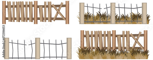 Set of different dilapidated fences