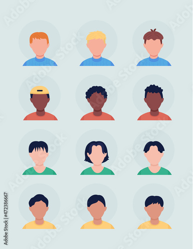 Boys with different hair semi flat color vector character avatar set. Casual style. Portrait from front view. Isolated modern cartoon style illustration for graphic design and animation pack