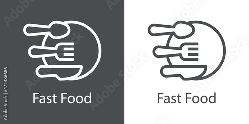 Comida para llevar. Banner con texto Fast Food con cubiertos como líneas de velocidad en circunferencia en fondo gris y fondo blanco