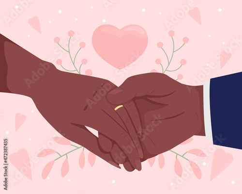 Wedding proposal flat color vector illustration. Romantic engagement. Holding hands with gold ring on finger 2D cartoon first view hand with pink heart and floral elements abstract background