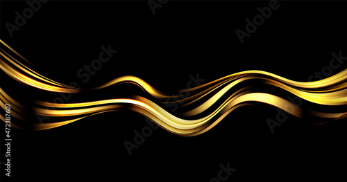Abstract Waves. Shiny gold moving lines design element on dark background for greeting card and disqount voucher.