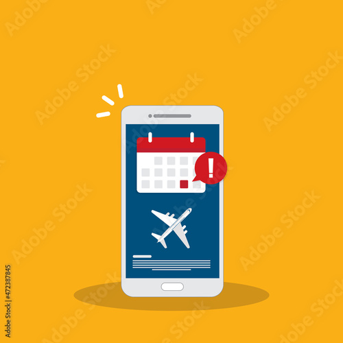 Flight delay info or travel agenda. Online reminder. Important airline airplane departure notification message on mobile phone. Vector illustration	