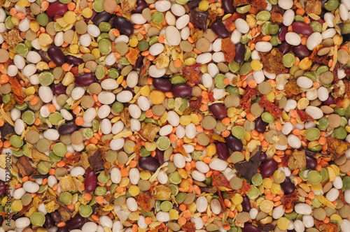 multicolored pulses, soup mix, pieces of dried vegetables, colourful backgrounds,  white bean soup, green and yellow split pea, creative food backdrops