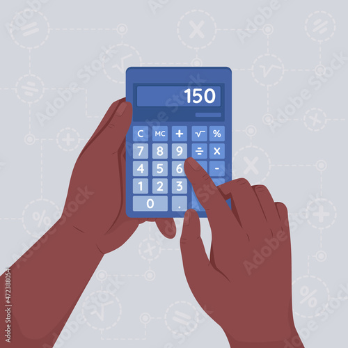 Calculating expenses flat color vector illustration. Pressing buttons to add numbers. Methematical count. Accounting with calculator 2D cartoon first view hand with abstract background