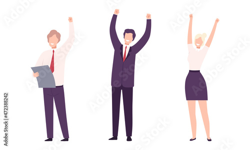 Happy Smiling Office Worker with Raised Hands Cheering About Goal Achievement Vector Set