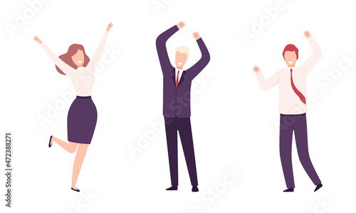 Fototapeta Naklejka Na Ścianę i Meble -  Happy Smiling Office Worker with Raised Hands Cheering About Goal Achievement Vector Set