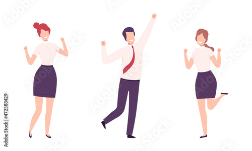 Happy Smiling Office Worker with Raised Hands Cheering About Goal Achievement Vector Set