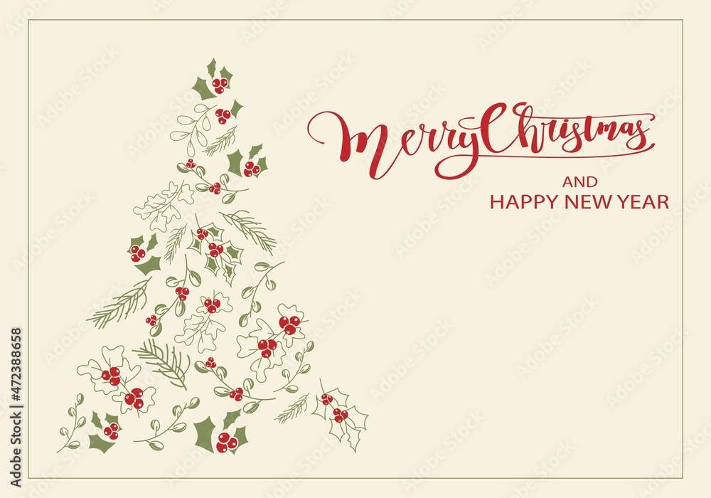 Vector. Merry Christmas and Happy New Year floral background, text design. Rustic horizontal template for a Christmas card, party invitation and other promotional items. Hand-drawn sketch. Vector. Merry Christmas and Happy New Year floral background, text design. Rustic horizontal template for a Christmas card, party invitation and other promotional items. Hand-drawn sketch.