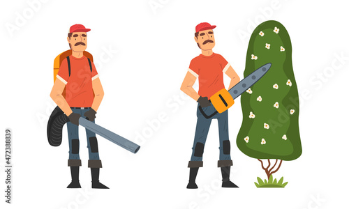 Mustached Man Gardener in Cap and Gloves with Saw Working in the Yard Vector Set