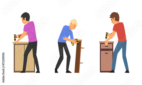 Young Man Assembling Wooden Drawer Chest with Electric Drill Engaged in Manual House Work Vector Set