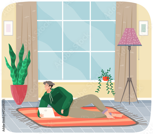 Man lying on couch with computer, holding laptop and correspondence surfing in Internet. Male character communicating with friends, studying remotely, sitting on floor, relaxing, resting after work