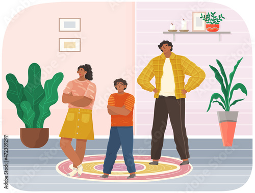 Mutual relations of parents and children, dad scream and scold children, negative teens emotions. Family upbringing problems. Disobedient child, conflict at home between father and teenagers