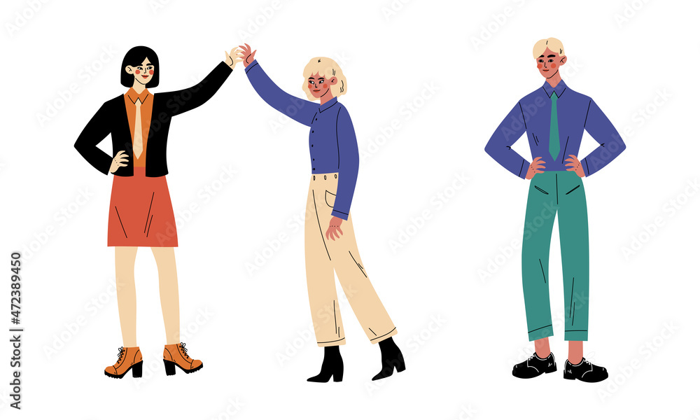 Fototapeta premium Young Man and Woman Office Worker in Tie Standing and Giving High Five Hand Gesture Vector Set