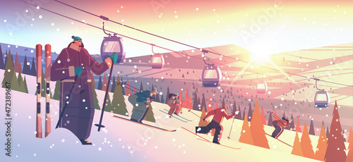 people skiing men women tourists doing activities winter vacation concept sunset snowfall landscape background