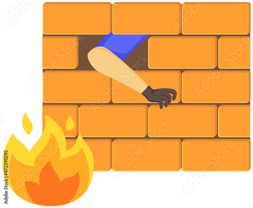 Thief is trying to crack brick wall. Illegal invasion of someone else s property. Robber breaks front door to house or apartment. Criminal scene. Hand of man in black glove peeks out of fence