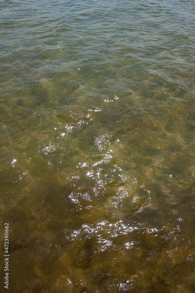 Waves and glare on the surface of the  water of the lake. Shallow. Lake. Background