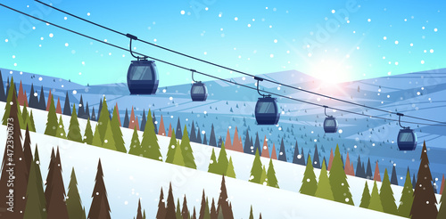 ski resort cableway in snowy mountains winter vacation concept horizontal beautiful landscape background