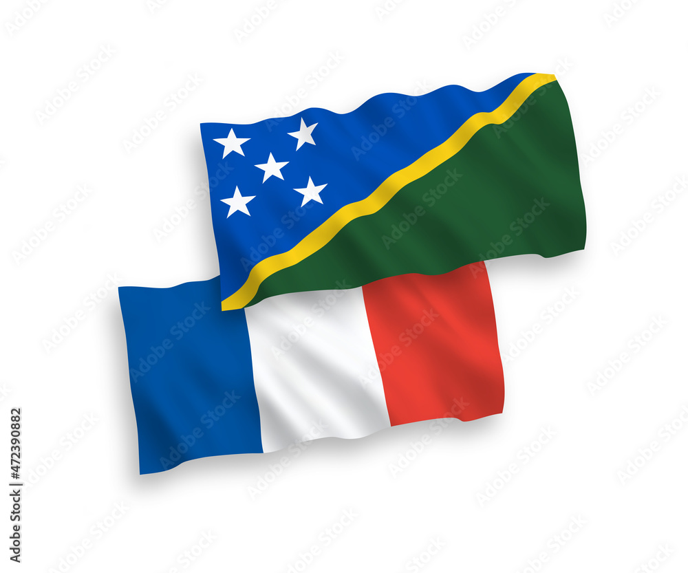 National vector fabric wave flags of France and Solomon Islands isolated on white background. 1 to 2 proportion. National vector fabric wave flags of France and Solomon Islands isolated on white background. 1 to 2 proportion.