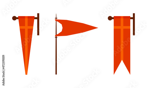Red Royal Flag on Pole as Medieval Monarchy Symbol and Castle Tower Element Vector Set