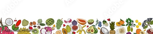 Fruit collection in flat hand drawn style, illustrations set. Design element for poster, menu, flyer, banner, menu, package. Vector.