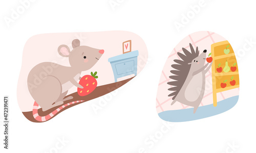Cute Mouse and Hedgehog in Its Cosy Burrow or House Vector Set