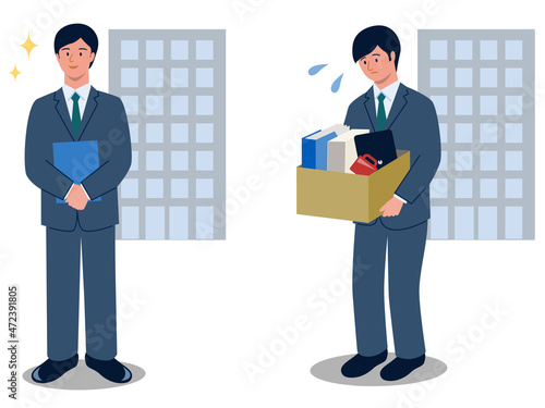 会社に入社して輝いている会社員と、会社をクビになってうなだれる会社員のベクターイラスト