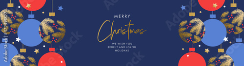 Merry Christmas and Happy New Year banner, web header, poster, holiday cover or card. Elegant Xmas design in blue, red and gold colors with hand drawn pine branches, Christmas balls, snow and confetti