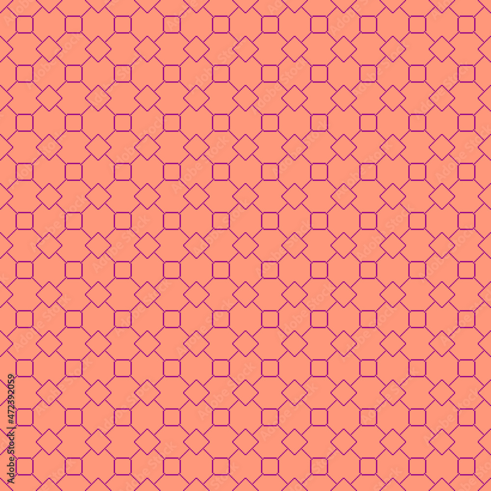 simple vector pixel art velvet violet seamless pattern of minimalistic abstract rhombus and square grid tile on calming coral background