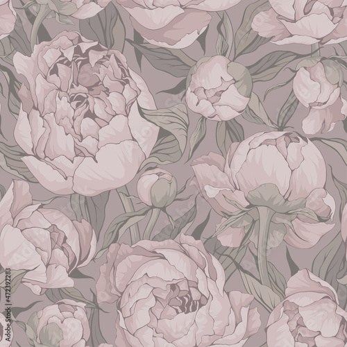 Blooming peonies seamless pattern in pastel pink colors.