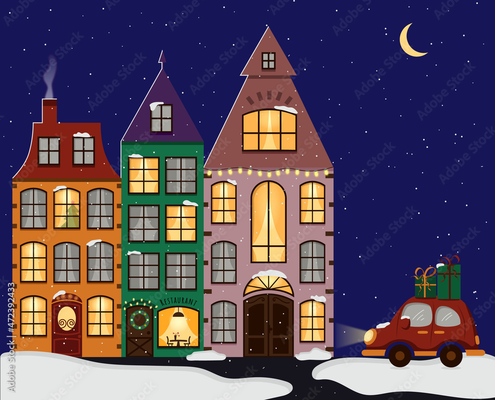 Christmas landscape with fairy houses and a car with gifts. Vector illustration. The snowy city for the holiday of Christmas.