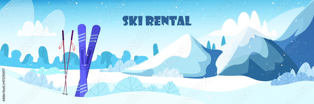 ski touring equipment in winter season snowy mountain range beautiful nature landscape background ski rental