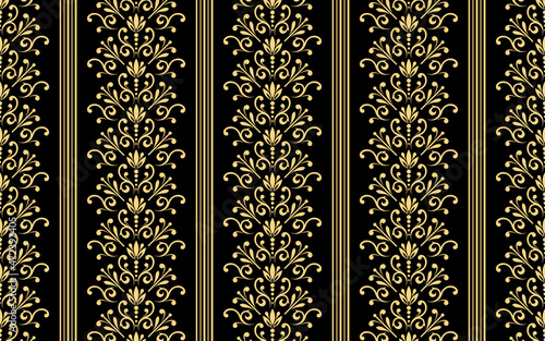 Wallpaper in the style of Baroque. Seamless vector background. Black and gold floral ornament. Graphic pattern for fabric, wallpaper, packaging. Ornate Damask flower ornament