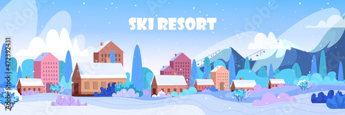 winter town snowy residential houses area ski resort concept cityscape background horizontal