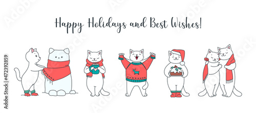 Happy Holidays and Best Wishes. Collection of cute kittens celebrating winter holidays isolated on a white background. Vector 10 EPS.