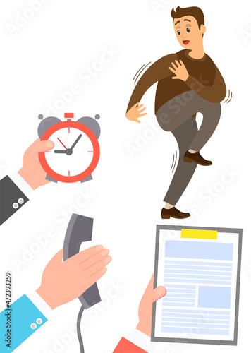 Deadline business concept time management fear of being late. Businessman is afraid of time, fears responsibility. Scared man standing near clock jumping in hurry running away in awe isolated on white