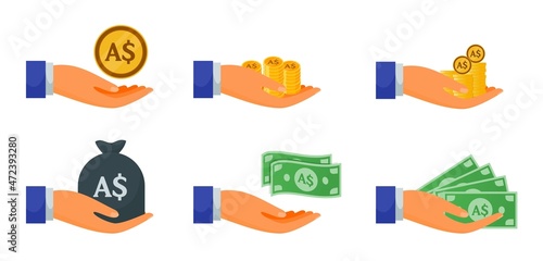 Handing Australian Dollar Money and Coin Set