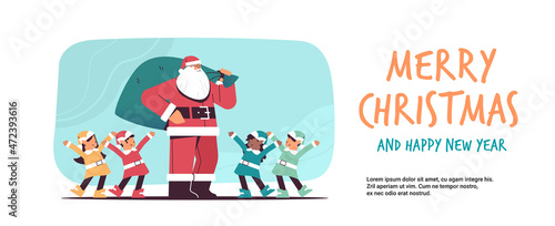 santa claus standing with mix race elves in uniform happy new year merry christmas holidays celebration concept