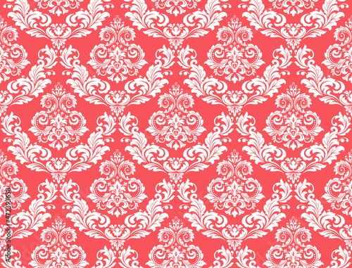 Wallpaper in the style of Baroque. Seamless vector background. White and pink floral ornament. Graphic pattern for fabric  wallpaper  packaging. Ornate Damask flower ornament