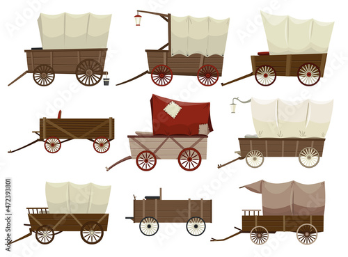 Wild west wagons cartoon set. Old western carriage icons isolated on white background