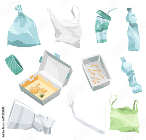Plastic trash of different types collection isolated on white. Garbage waste set of trash with trashbags, plastic bags, cup and bottles