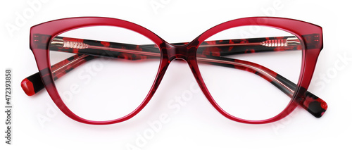 top view red glasses isolated on white background, plastic female spotted spectacle with leopard-print temples