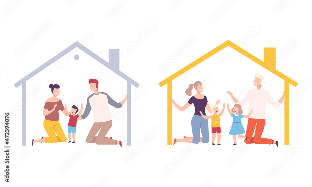 Happy Family with Father, Mother and Little Kids Under Home Roof Protection Vector Set