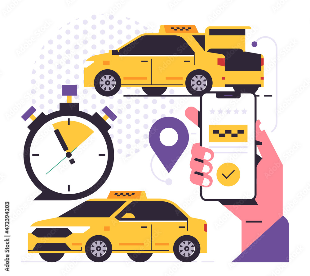 Fototapeta premium Taxi ordering service mobile application concept. A hand holding a phone with booking a taxi on the display. Car front and back, trunk, stopwatch, gps point, pin, icon, sign. Flat vector illustration.