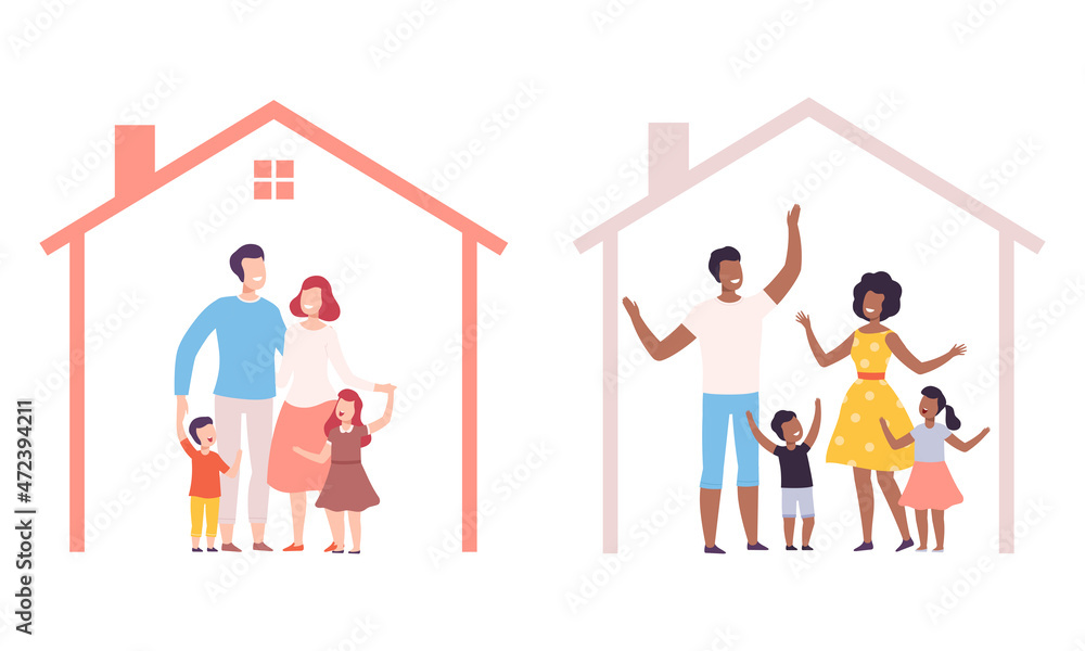 Happy Family with Father, Mother and Little Kids Under Home Roof Protection Vector Set Happy Family with Father, Mother and Little Kids Under Home Roof Protection Vector Set