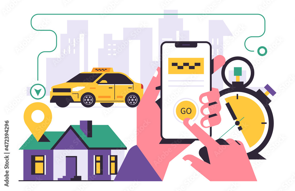 Taxi ordering service mobile application concept. A hand holding a phone with booking a taxi on the display. Car, city, stopwatch, line, sign, icon. Flat vector illustration